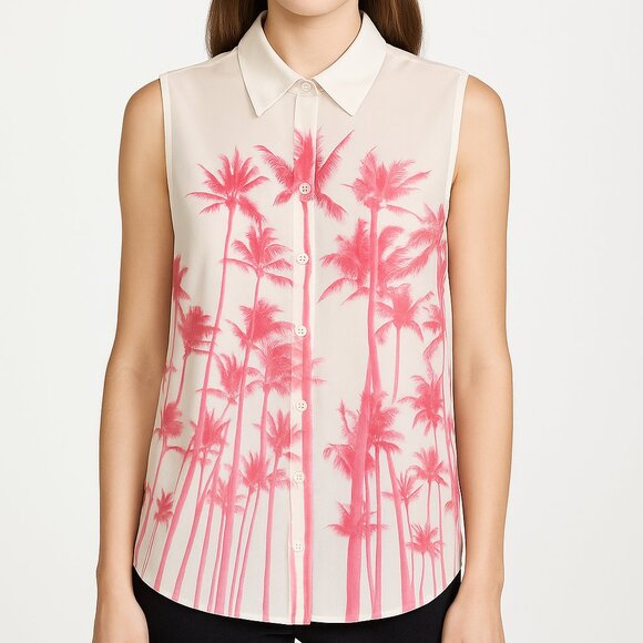 Equipment Femme XS Sleeveless Blouse 100% Silk Ivory Pink Palm Tree Print Top - Picture 1 of 9